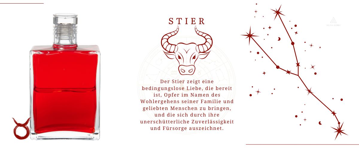 Die rote Equilibriumflasche B06 und das Symbol für das Sternzeichen Stier Die rote Equilibriumflasche B06 und das Symbol für das Sternzeichen Stier