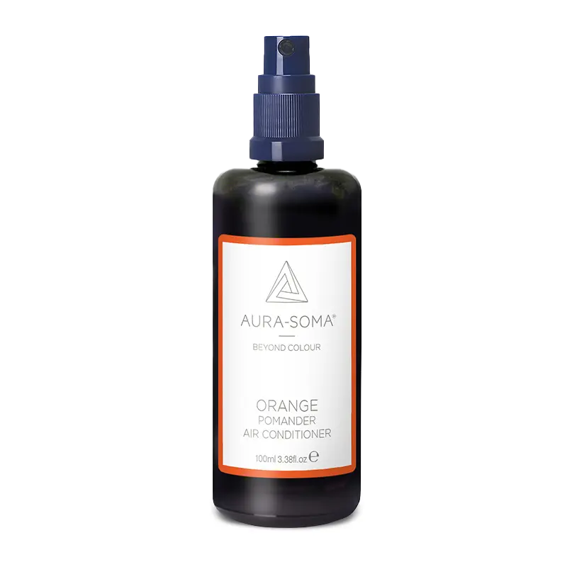 Aura-Soma Pomander Raumspray Orange – Braunes Sprayfläschchen mit Sprühkopf, enthält eine Duftkomposition zur energetischen Raumpflege.