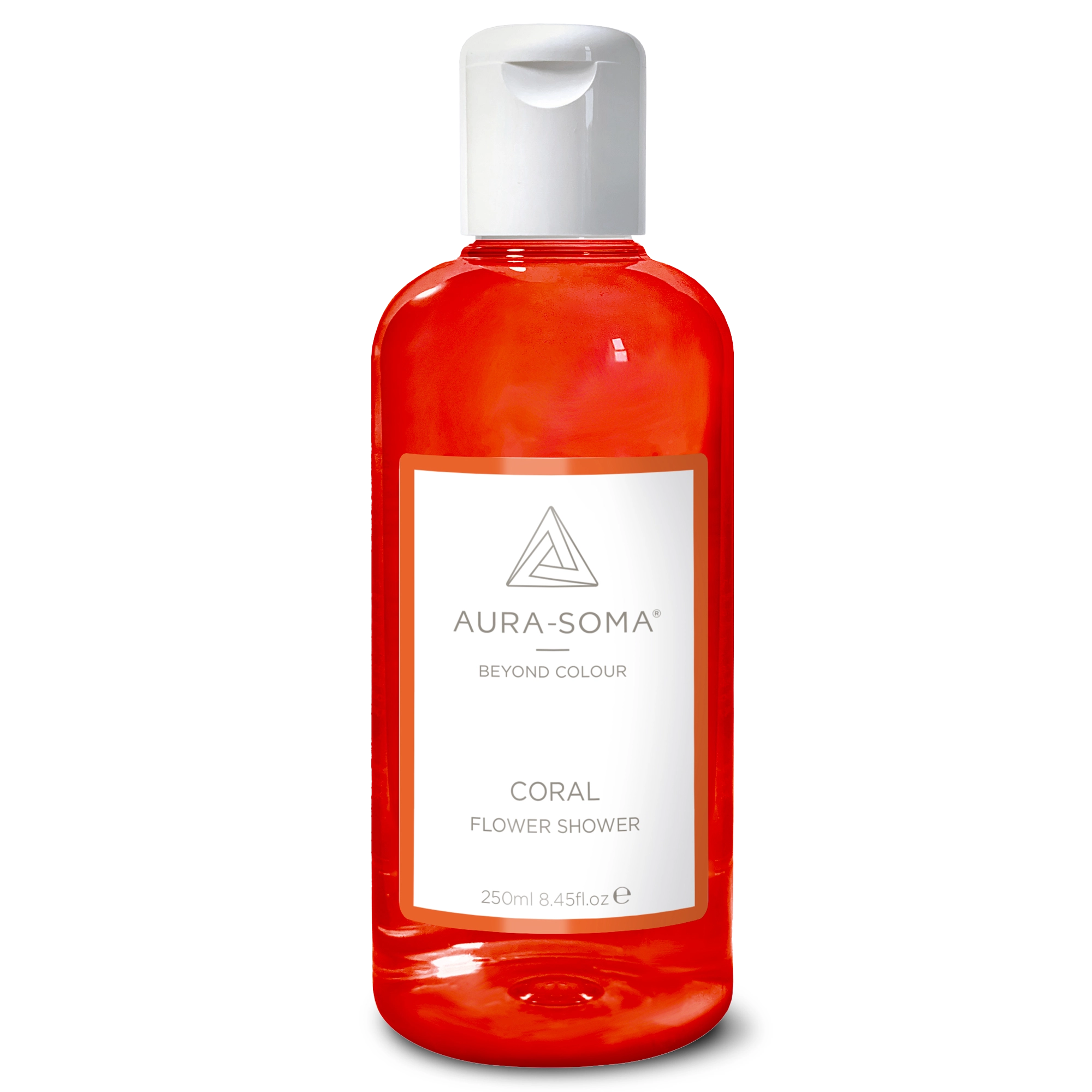 Durchsichtige Kunststoffflasche mit weißem Klappverschluss. Enthält korallfarbenes Aura-Soma Duschgel zur energetischen Reinigung und Pflege.