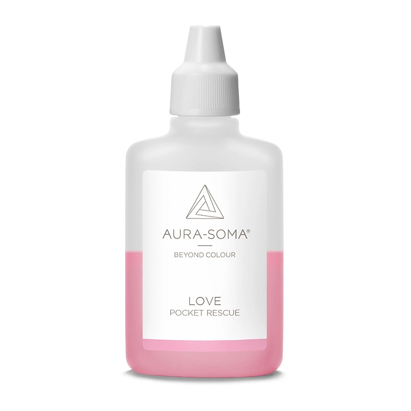 Handliches Kunststofffläschchen mit der Aufschrift Love Pocket Rescue und dem Aura-Soma Logo