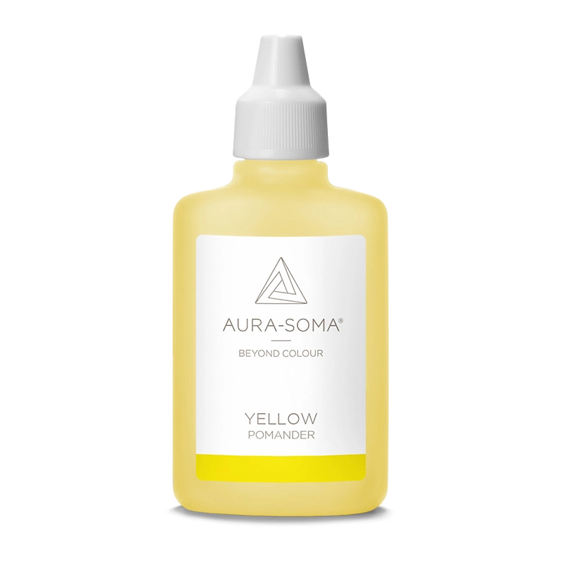 Aura-Soma Pomander Yellow – handliche Kunststoffflasche mit gelber Flüssigkeit und weißem Etikett mit Aura-Soma-Logo.