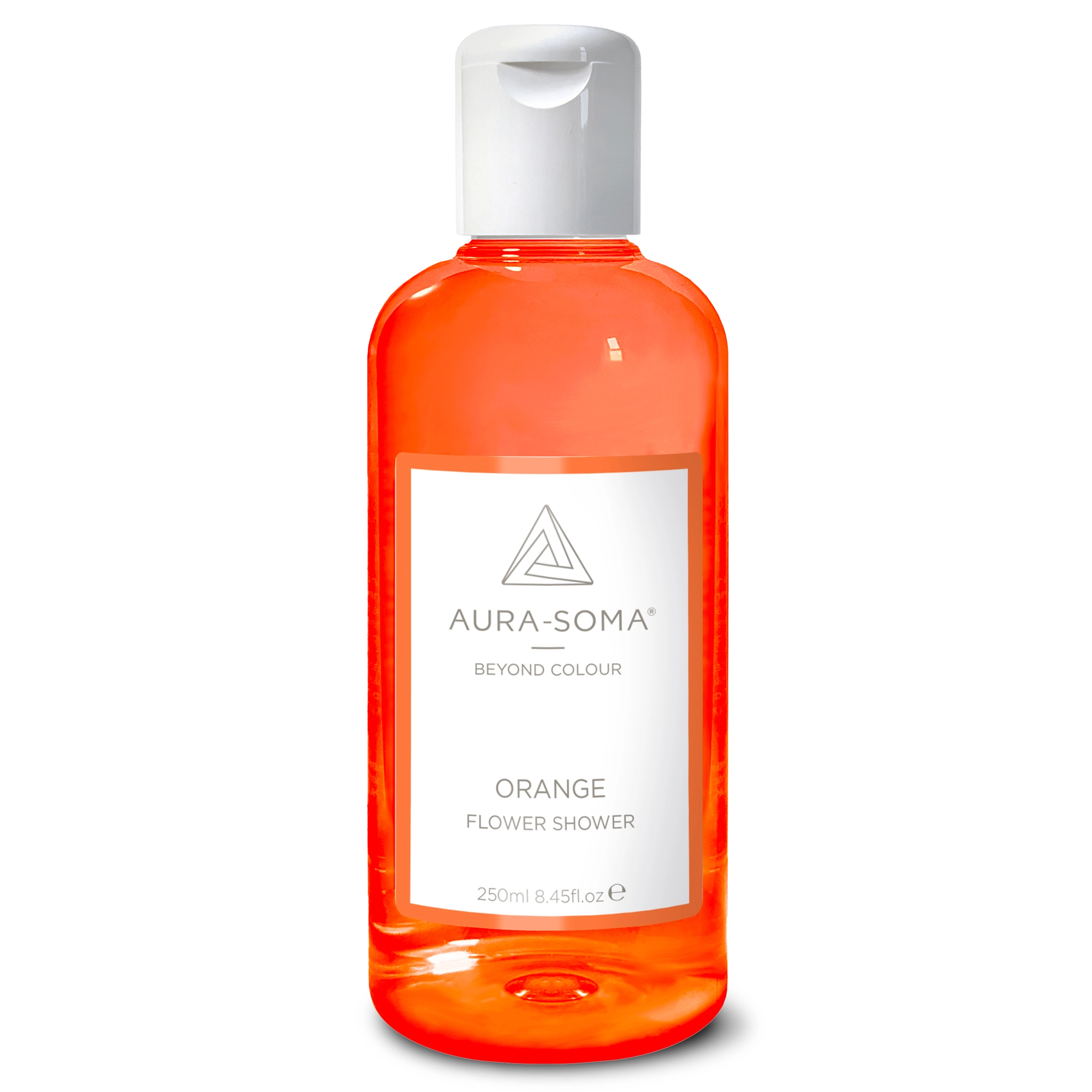 Durchsichtige Kunststoffflasche mit weißem Klappverschluss. Enthält orangefarbenes Aura-Soma Duschgel zur energetischen Reinigung und Pflege.
