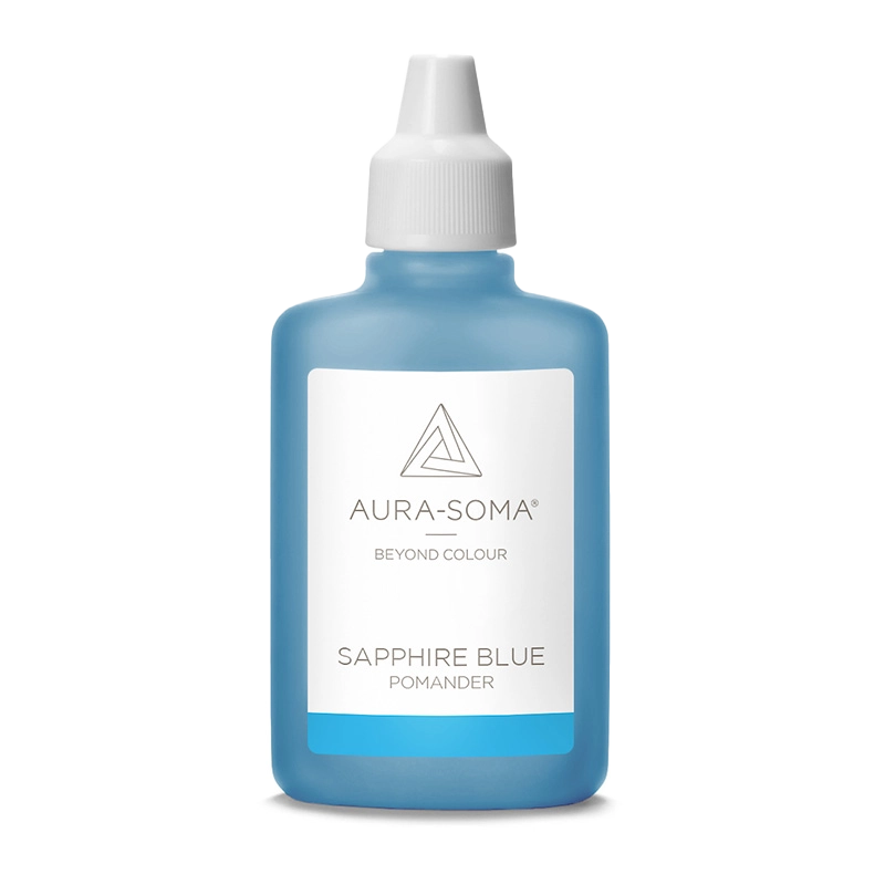 Aura-Soma Pomander Blau – handliche Kunststoffflasche mit blauer Flüssigkeit und weißem Etikett mit Aura-Soma-Logo.