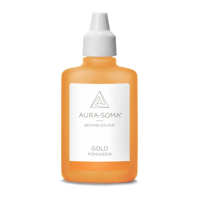 Aura-Soma Pomander Gold – handliche Kunststoffflasche mit goldfarbener Flüssigkeit und weißem Etikett mit Aura-Soma-Logo.