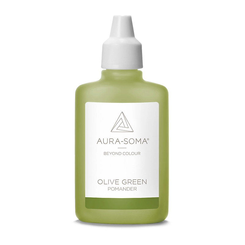 Aura-Soma Pomander Olive – handliche Kunststoffflasche mit olivfarbener Flüssigkeit und weißem Etikett mit Aura-Soma-Logo.