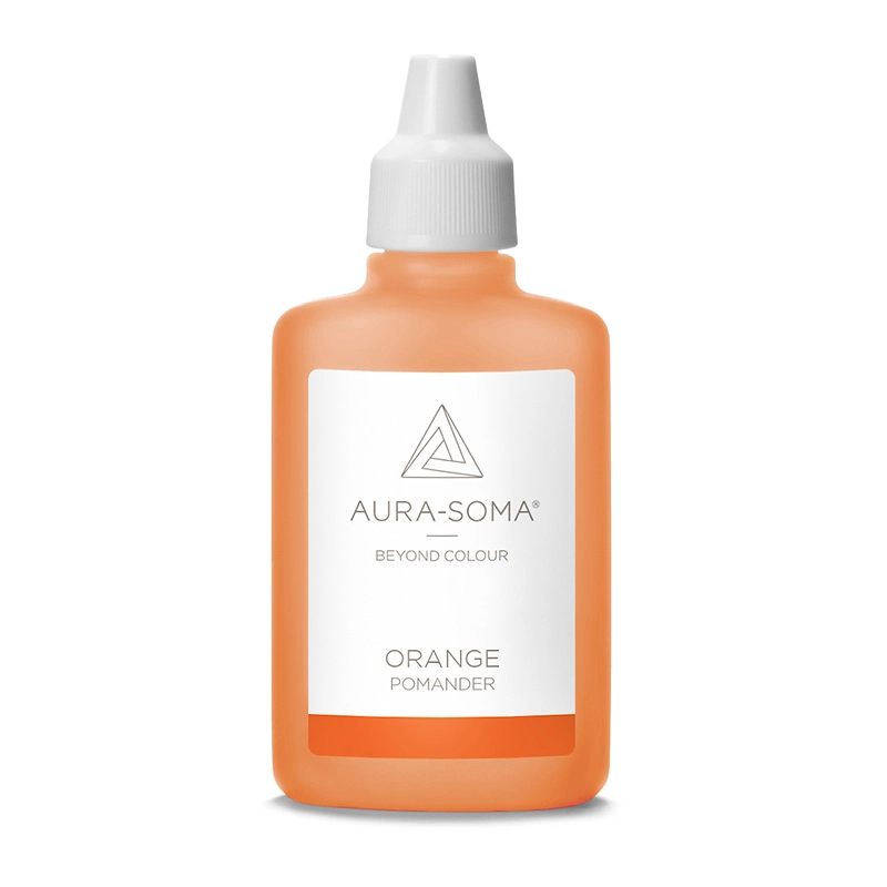 Aura-Soma Pomander Orange – handliche Kunststoffflasche mit orangefarbener Flüssigkeit und weißem Etikett mit Aura-Soma-Logo.
