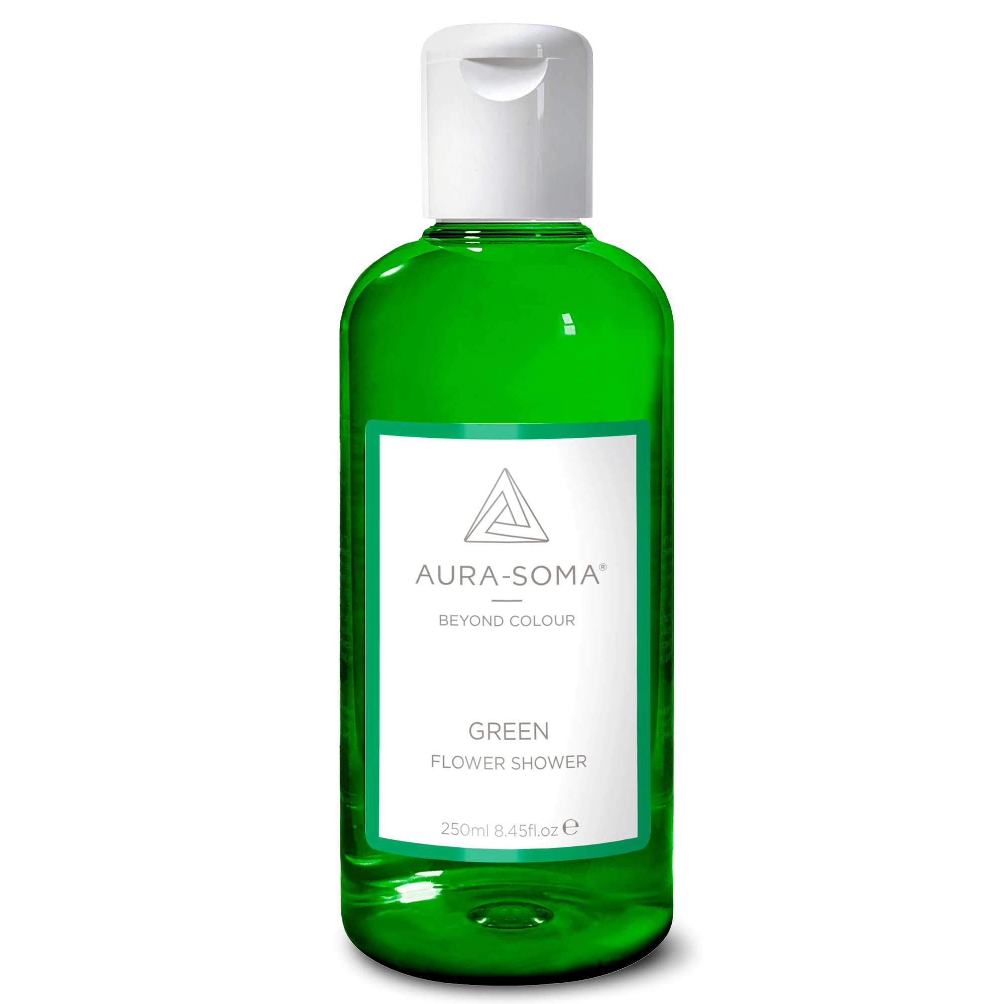 Durchsichtige Kunststoffflasche mit weißem Klappverschluss. Enthält grünes Aura-Soma Duschgel zur energetischen Reinigung und Pflege.