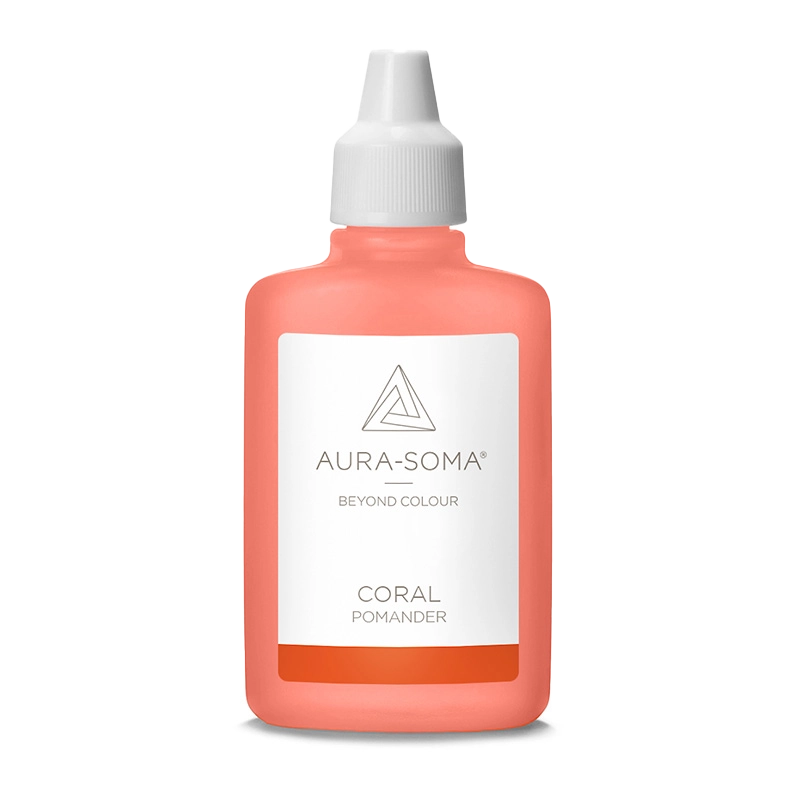 Aura-Soma Pomander Coral – handliche Kunststoffflasche mit korallenfarbener Flüssigkeit und weißem Etikett mit Aura-Soma-Logo.