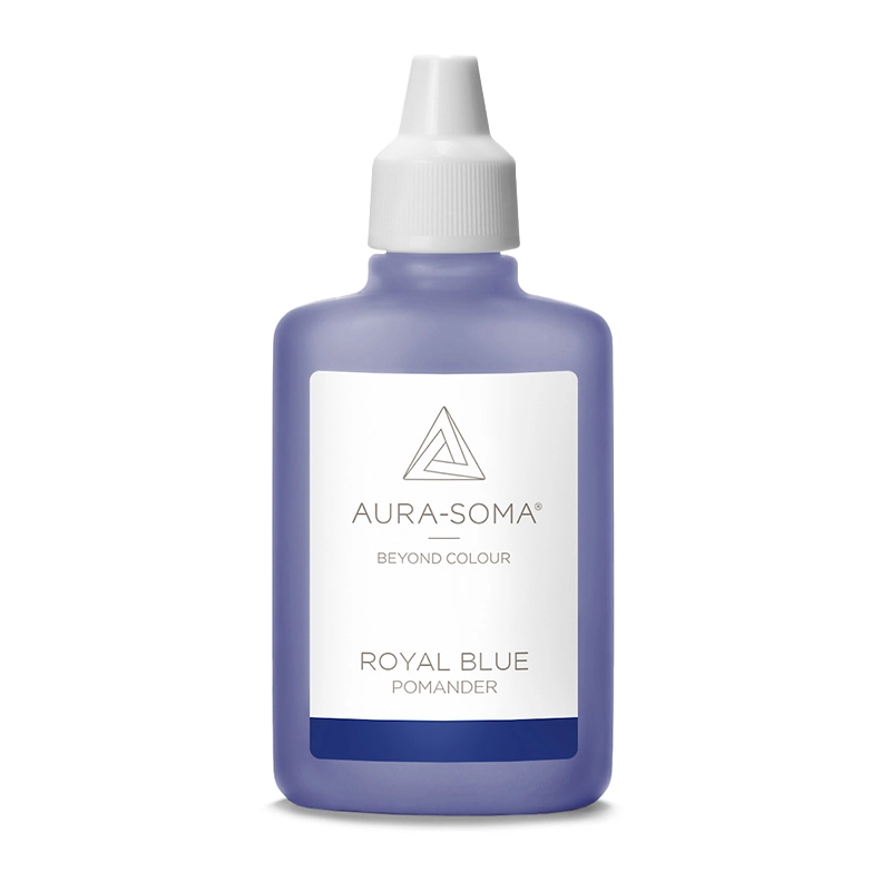 Aura-Soma Pomander Royal Blue – handliche Kunststoffflasche mit dunkelblauer Flüssigkeit und weißem Etikett mit Aura-Soma-Logo.