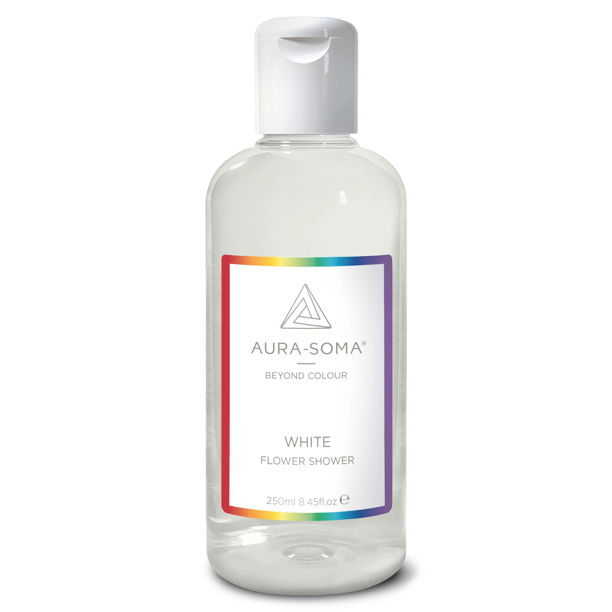Durchsichtige Kunststoffflasche mit weißem Klappverschluss. Enthält klarem Aura-Soma Duschgel zur energetischen Reinigung und Pflege.