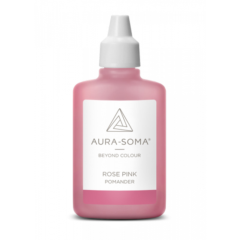 Aura-Soma Pomander Rose Pink – handliche Kunststoffflasche mit pinkfarbener Flüssigkeit und weißem Etikett mit Aura-Soma-Logo.