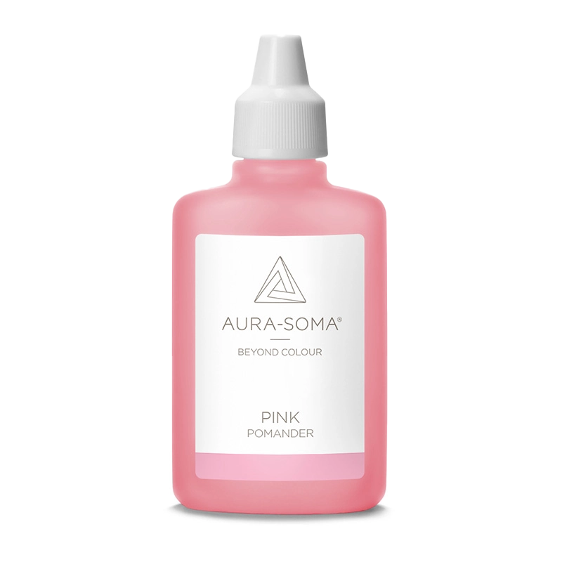 Aura-Soma Pomander Pink – handliche Kunststoffflasche mit rosafarbener Flüssigkeit und weißem Etikett mit Aura-Soma-Logo.
