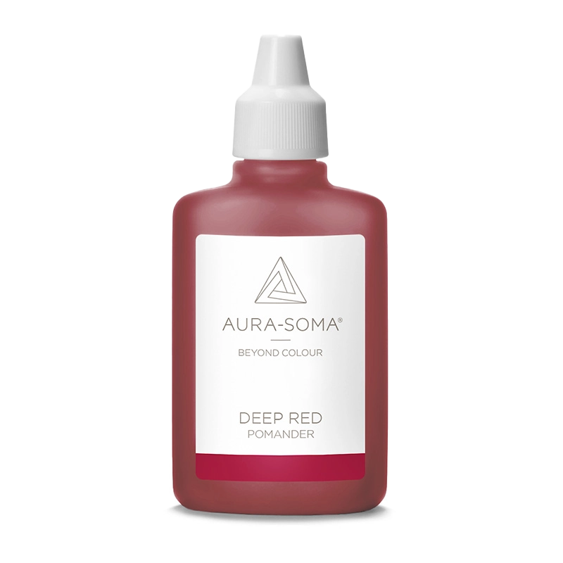 Aura-Soma Pomander Tiefrot – handliche Kunststoffflasche mit tiefrotfarbener Flüssigkeit und weißem Etikett mit Aura-Soma-Logo.
