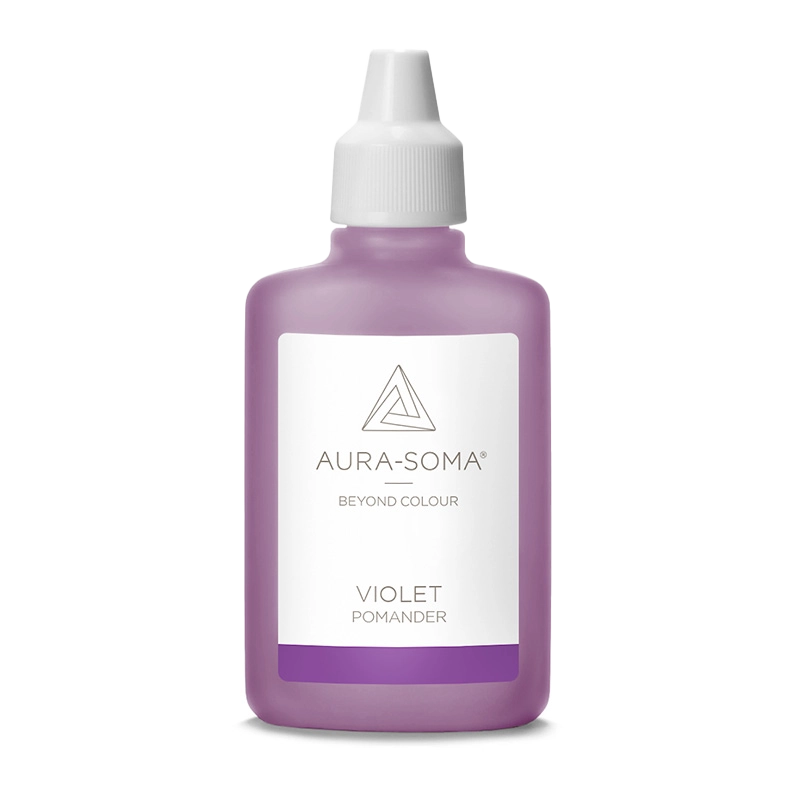 Aura-Soma Pomander Violet – handliche Kunststoffflasche mit violettfarbener Flüssigkeit und weißem Etikett mit Aura-Soma-Logo.
