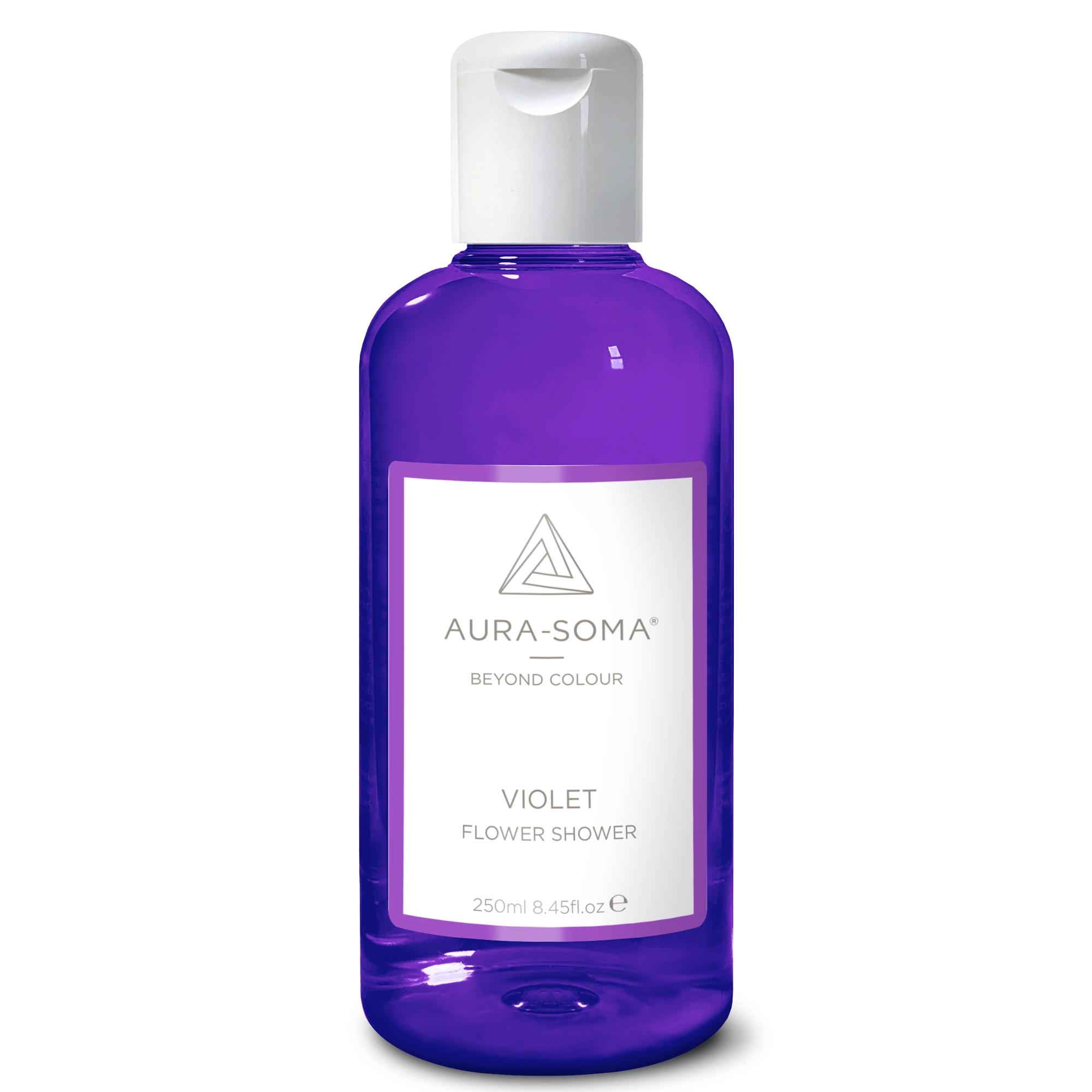 Durchsichtige Kunststoffflasche mit weißem Klappverschluss. Enthält Violetts Aura-Soma Duschgel zur energetischen Reinigung und Pflege.