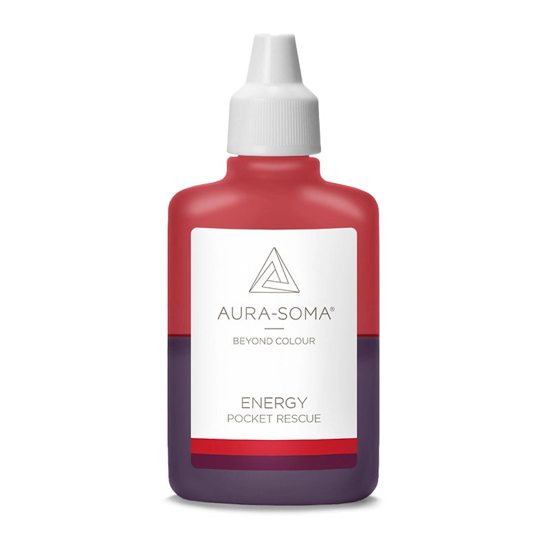 Handliches Kunststofffläschchen mit der Aufschrift Energy Pocket Rescue und dem Aura-Soma Logo