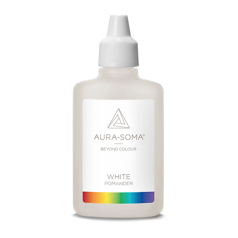 Aura-Soma Pomander Weiß – handliche Kunststoffflasche mit klarer Flüssigkeit und weißem Etikett mit Aura-Soma-Logo.