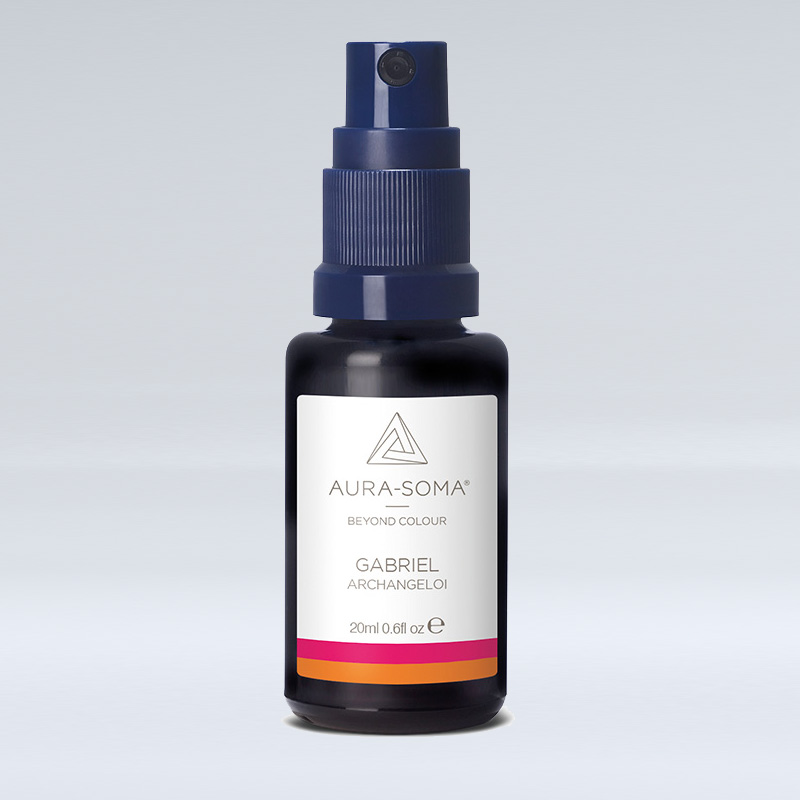 Kleine Zerstäuberflasche mit der Aufschrift Gabriel Arch Aneloi und dme Aura-Soma Logo auf einer weißen Etikette