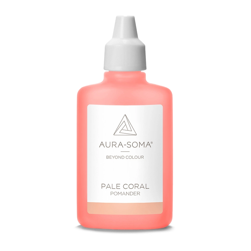 Aura-Soma Pomander Pale Coral – handliche Kunststoffflasche mit coralfarbener Flüssigkeit und weißem Etikett mit Aura-Soma-Logo.
