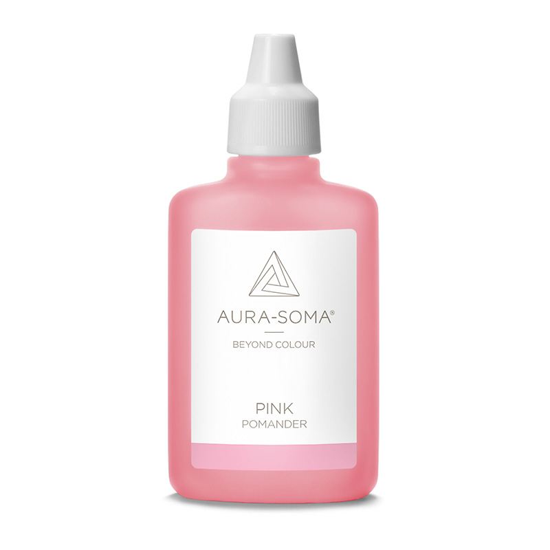 Aura-Soma Pomander Pink – handliche Kunststoffflasche mit rosafarbener Flüssigkeit und weißem Etikett mit Aura-Soma-Logo.