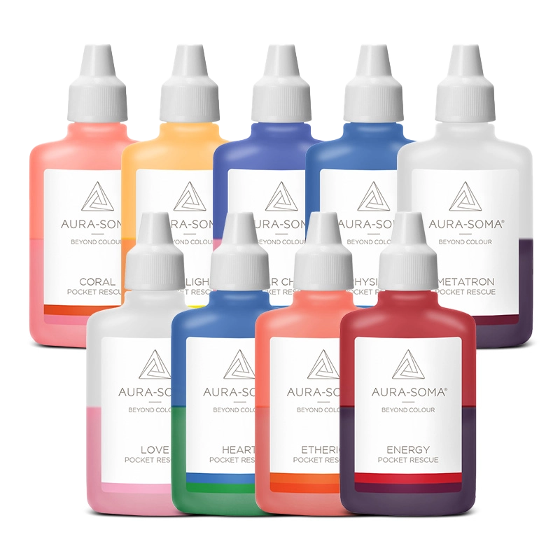 Übersichtsbild der Aura-Soma Pocket Rescue Flaschen mit allen verfügbaren Pocket Flaschen.