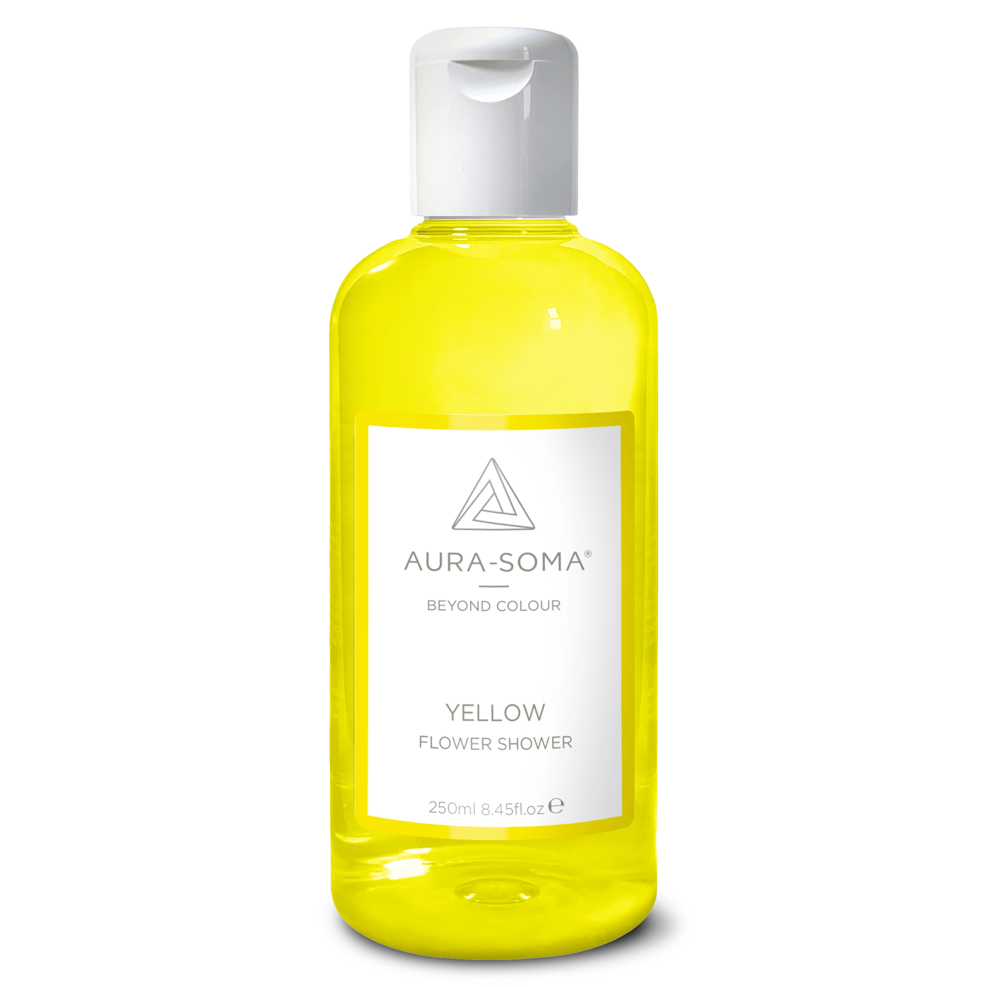 Durchsichtige Kunststoffflasche mit weißem Klappverschluss. Enthält gelbarbenes Aura-Soma Duschgel zur energetischen Reinigung und Pflege.