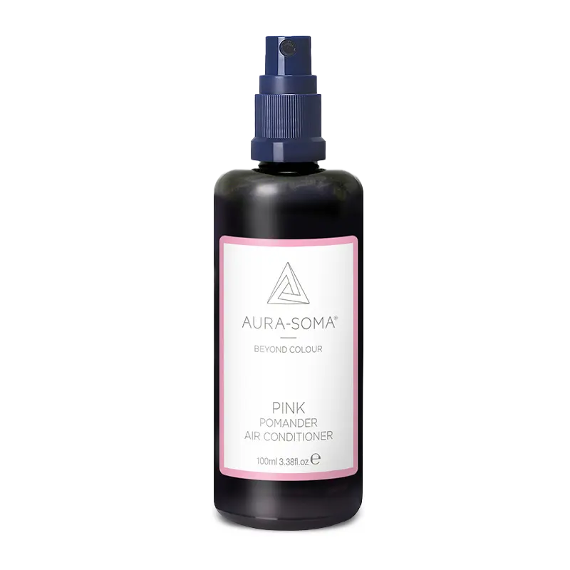 Aura-Soma Pomander Raumspray Rosa – Braunes Sprayfläschchen mit Sprühkopf, enthält eine Duftkomposition zur energetischen Raumpflege.