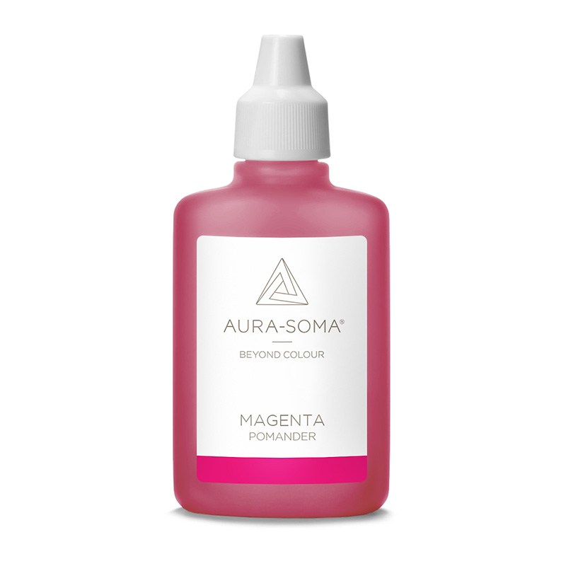 Aura-Soma Pomander Magenta – handliche Kunststoffflasche mit magentafarbener Flüssigkeit und weißem Etikett mit Aura-Soma-Logo.
