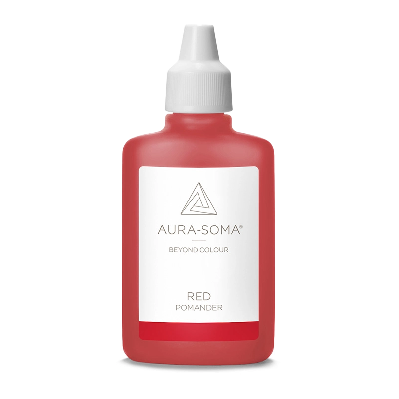 Aura-Soma Pomander red – handliche Kunststoffflasche mit rotfarbener Flüssigkeit und weißem Etikett mit Aura-Soma-Logo.