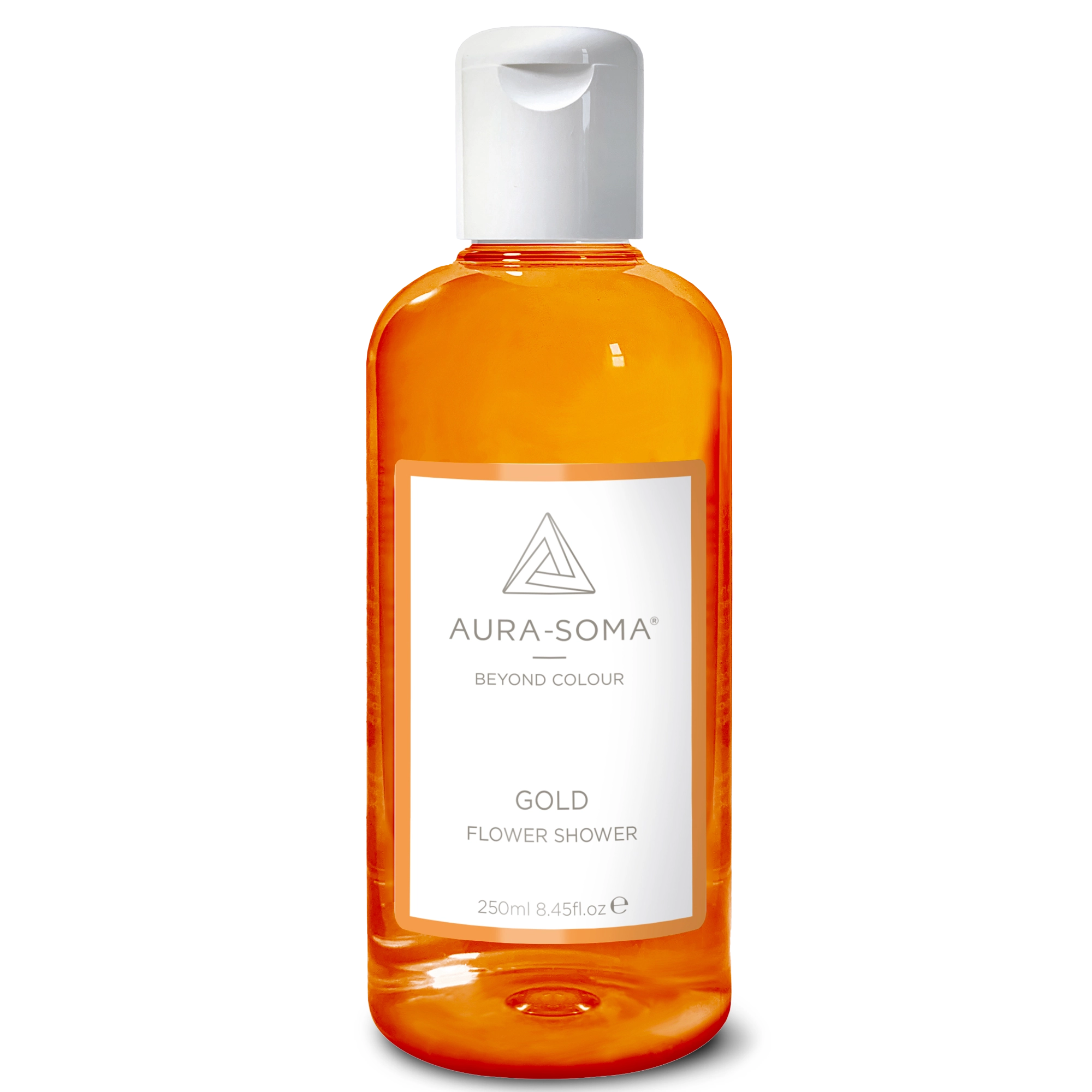 Durchsichtige Kunststoffflasche mit weißem Klappverschluss. Enthält goldfarbenes Aura-Soma Duschgel zur energetischen Reinigung und Pflege.