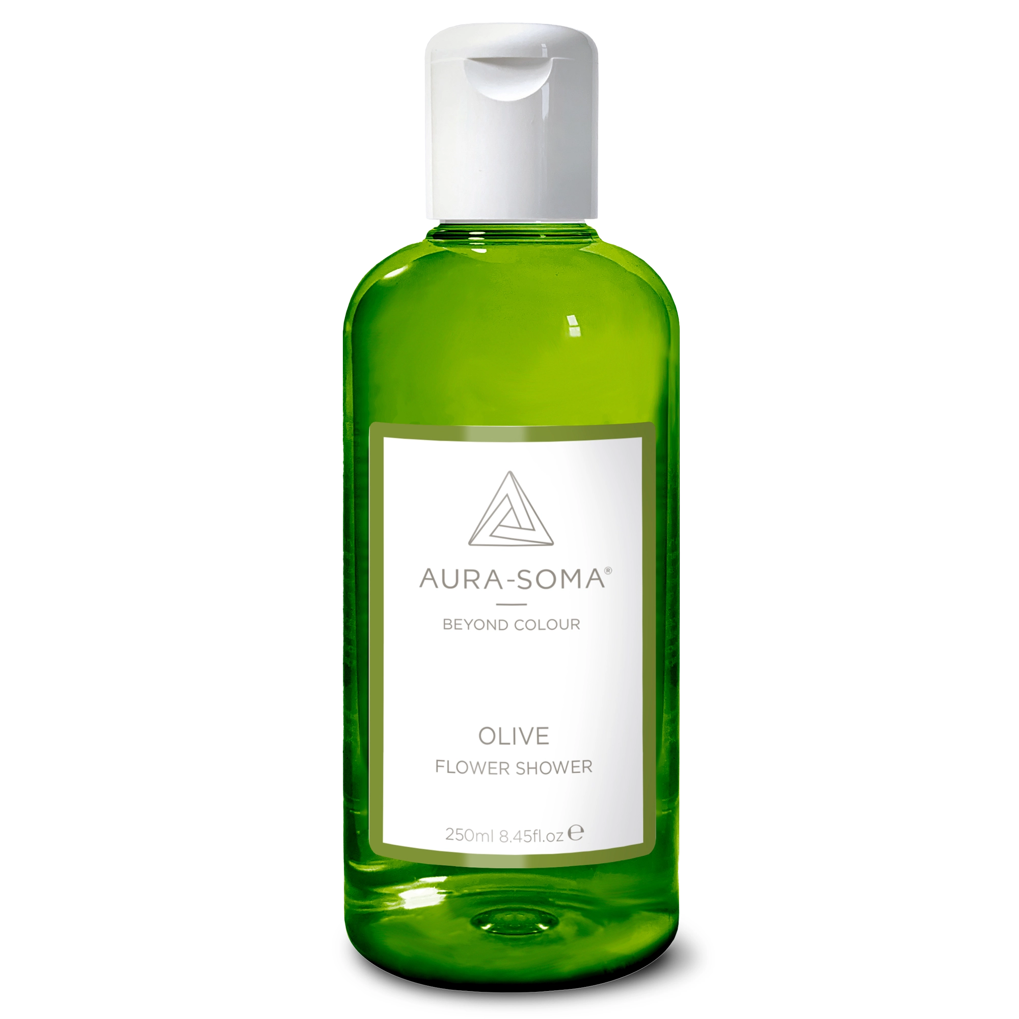 Durchsichtige Kunststoffflasche mit weißem Klappverschluss. Enthält olivfarbenes Aura-Soma Duschgel zur energetischen Reinigung und Pflege.